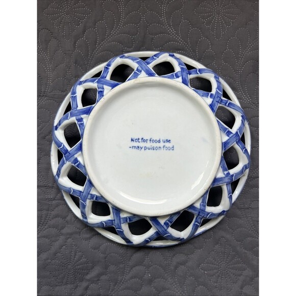 VTG Blue & White Bowl Delft Style Asian Inspired Open Woven Bowl Home Decor Gift - Picture 2 of 6